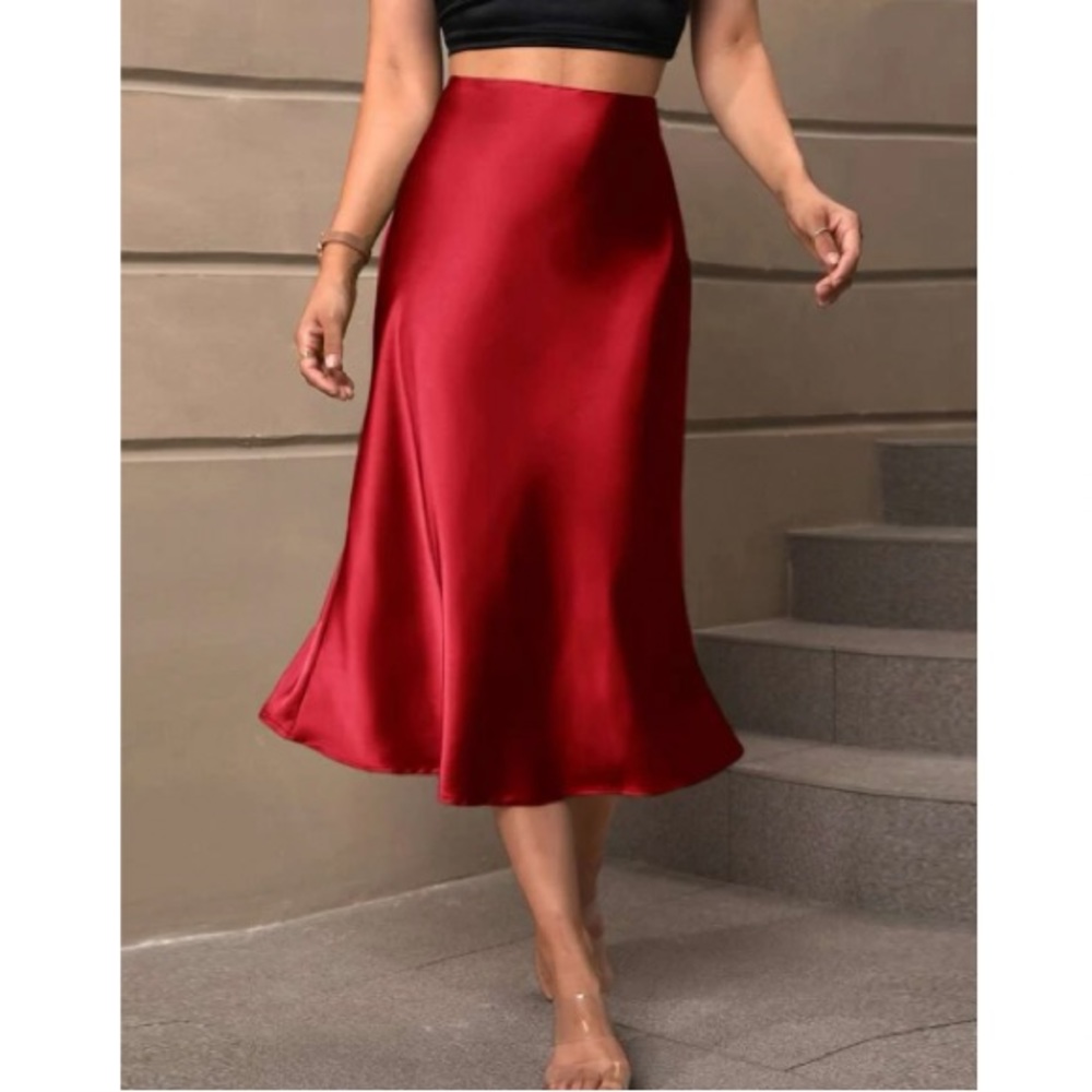 Luxe red high waisted satin skirt